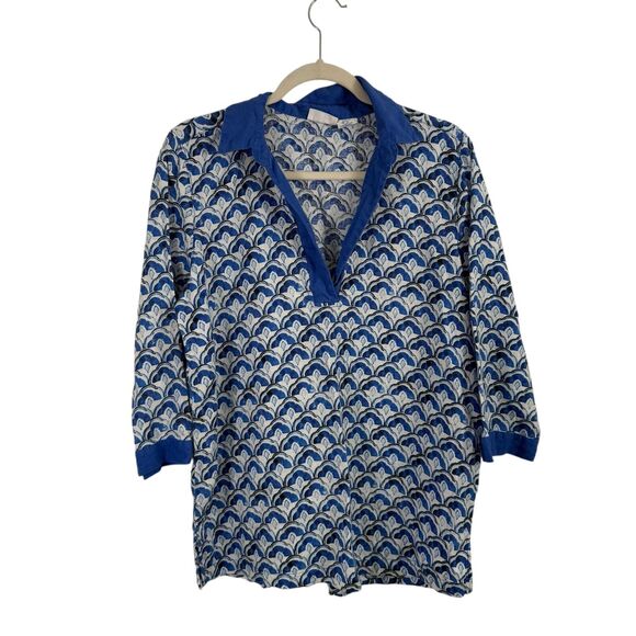 Sigrid Olsen Blue 100% Linen Tunic Top Coastal Beach Vacation Womens Large - Picture 1 of 7